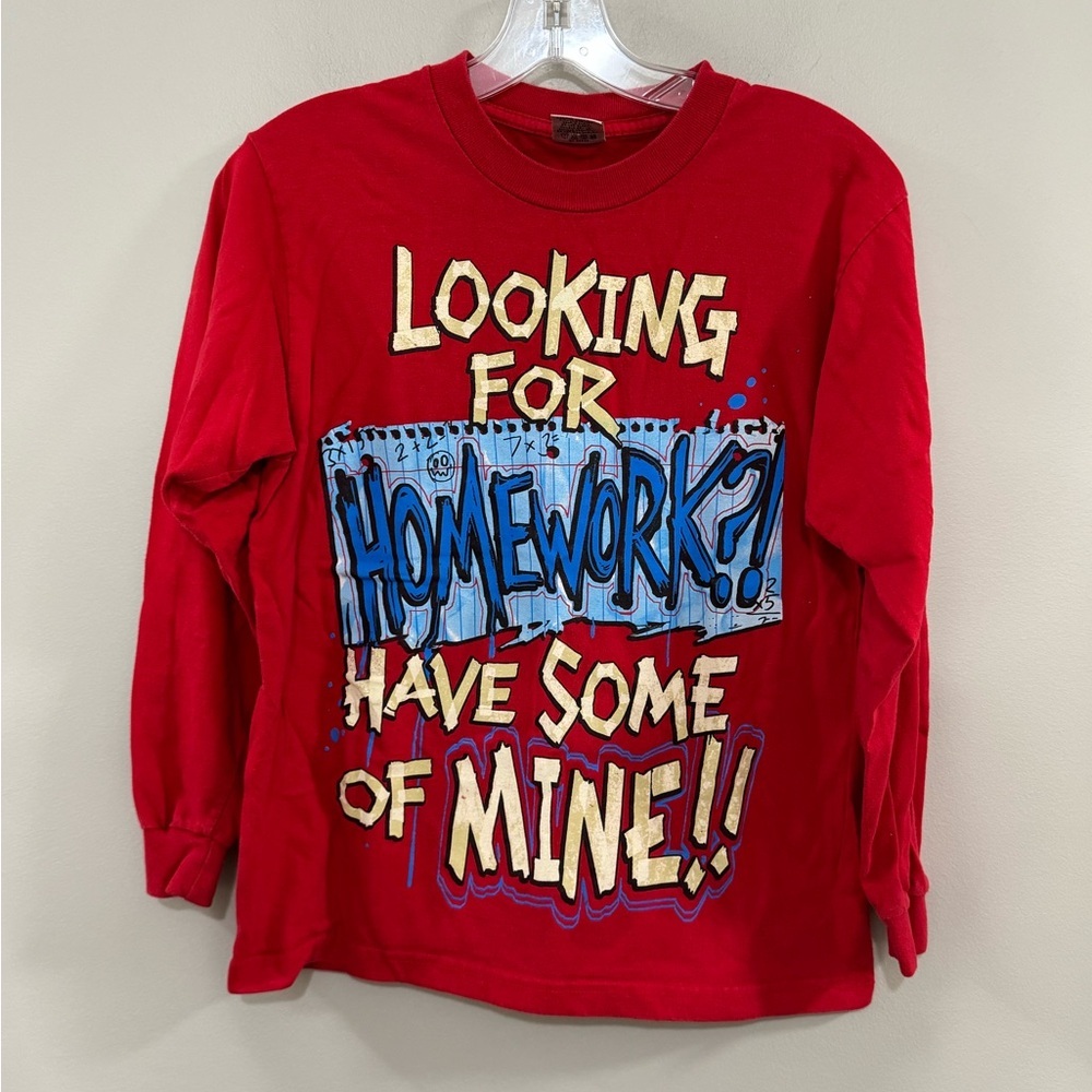 Boys Red Graphic Long Sleeve Tee "Looking For Homework?" Size Medium